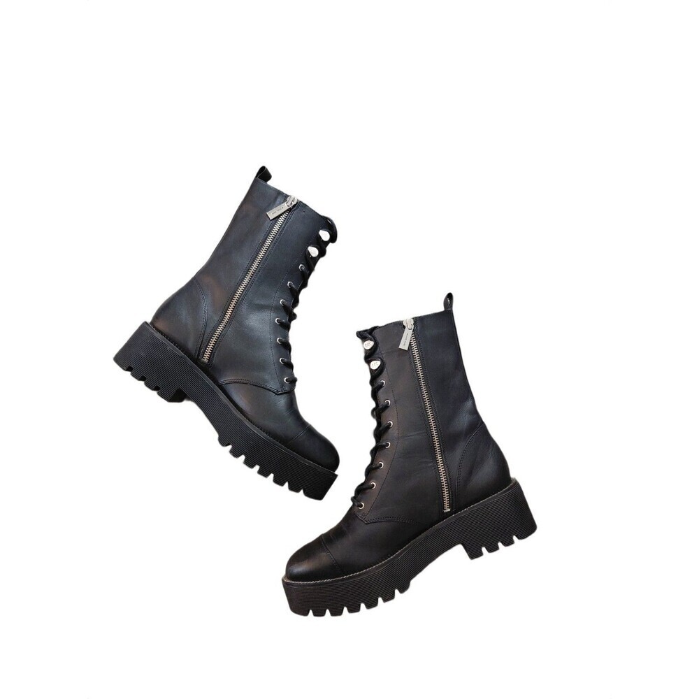 Michael Kors Black Tall Combat Boots Lug Sole Leather Lace Up Boots Women's Sz 6